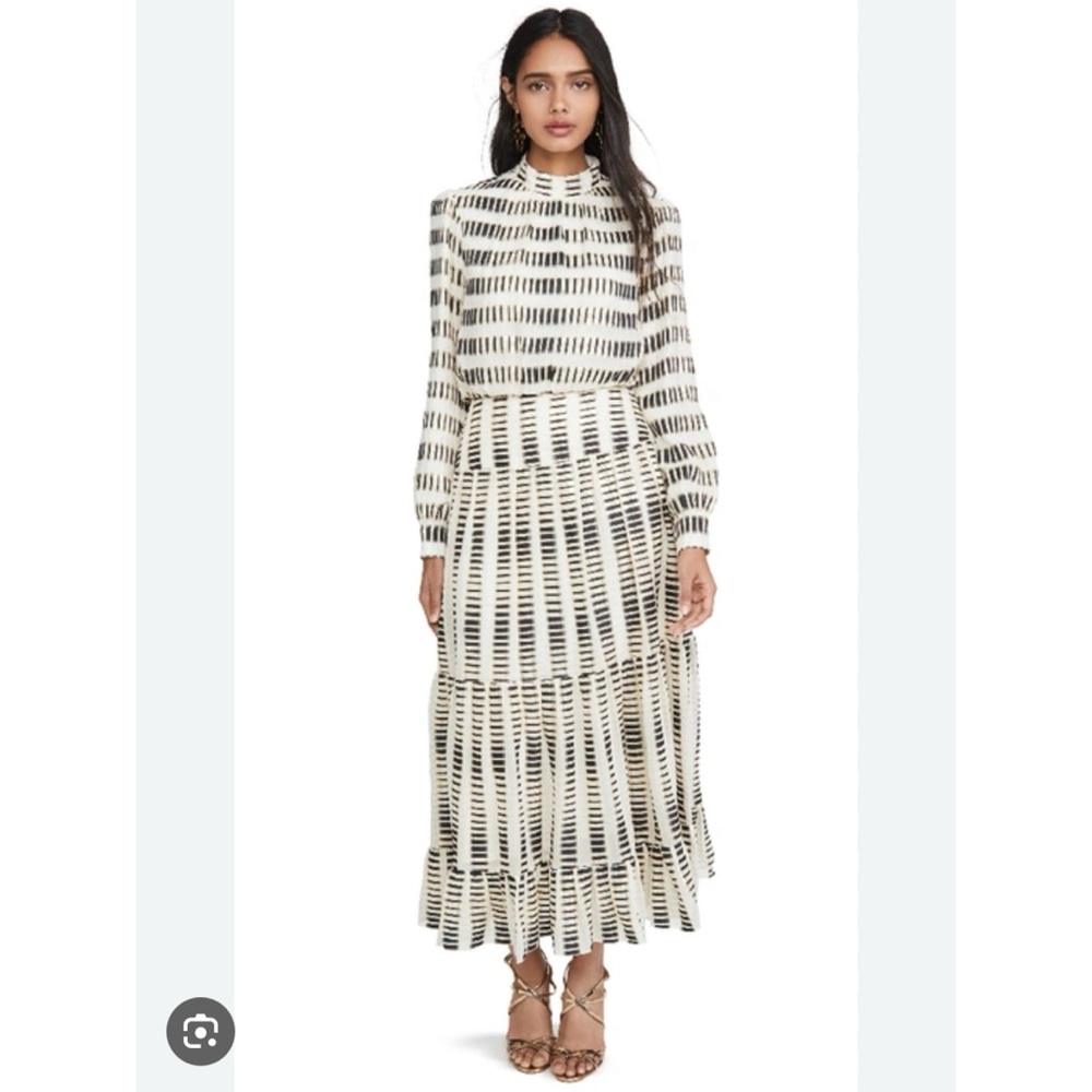 SALONI Ivory and Black Printed Midi Dress